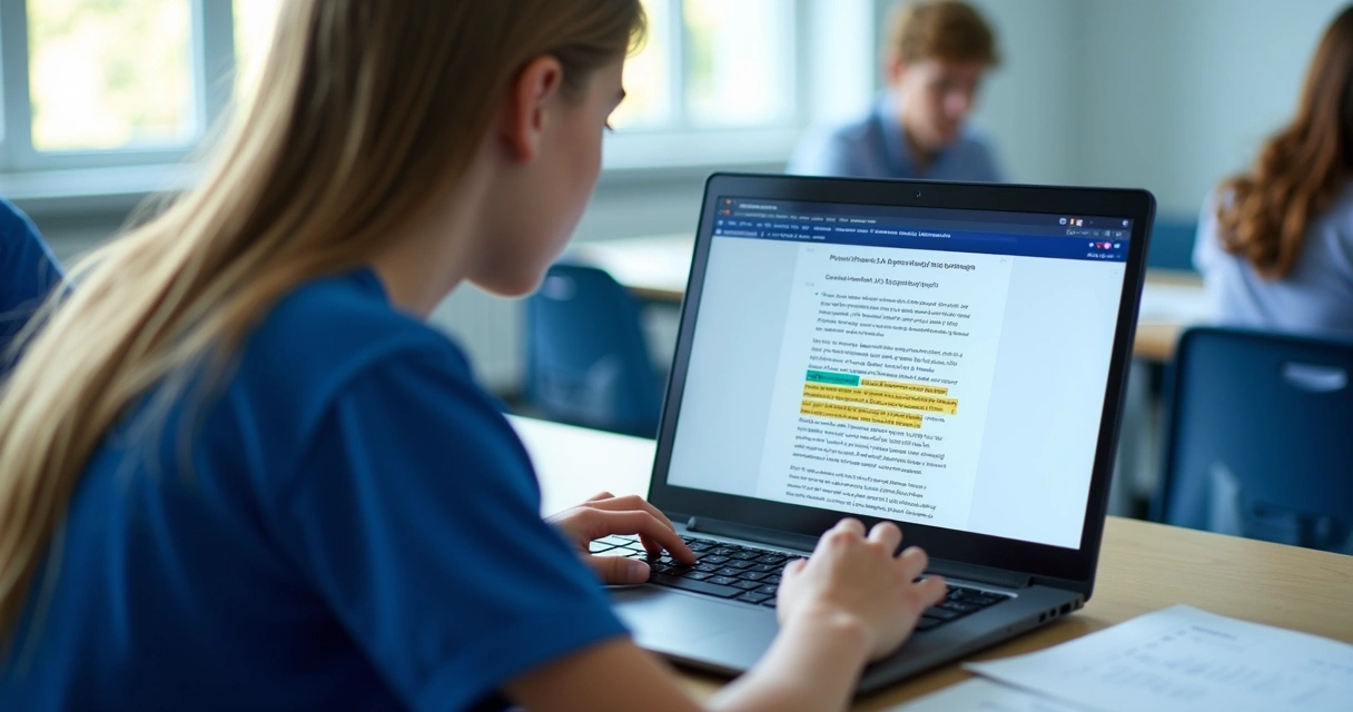 Estudante revisando texto com marcadores de plágio em tela 