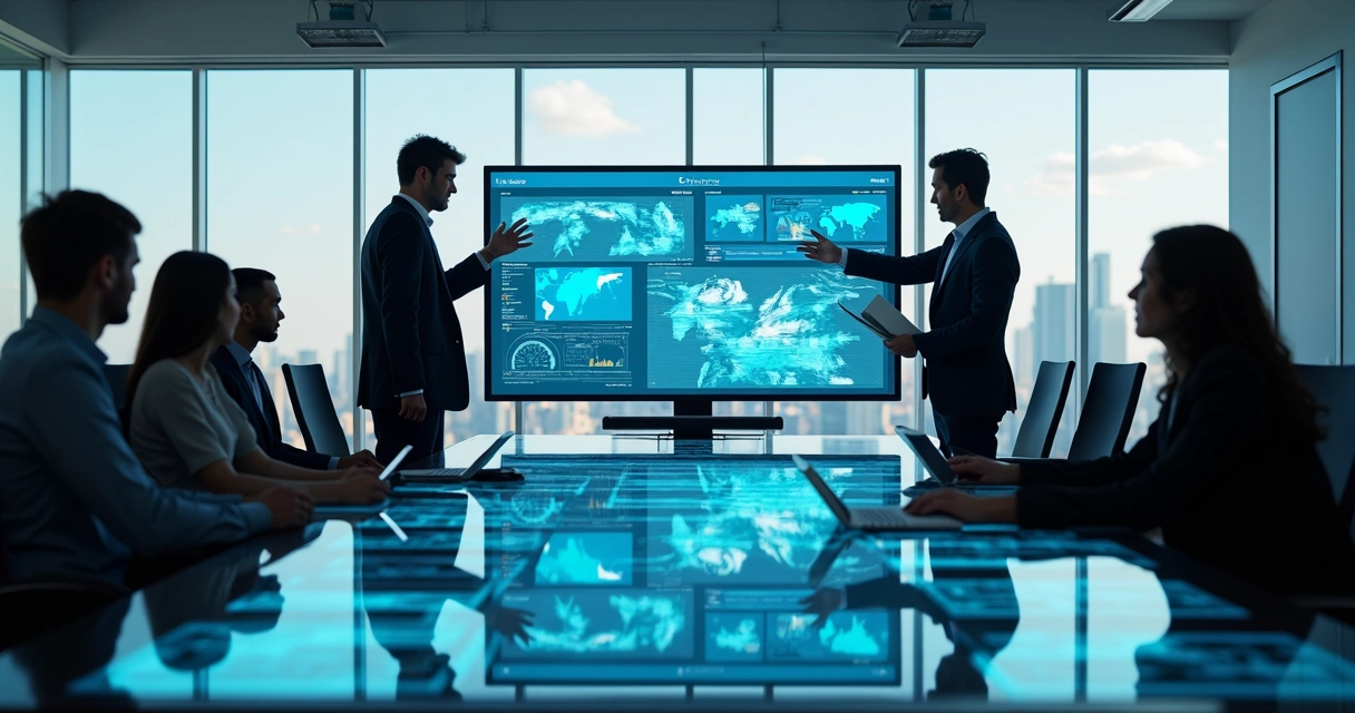 Equipe reunida analisando gráficos de CRM em telas digitais com ícones de integrações e relatórios detalhados 