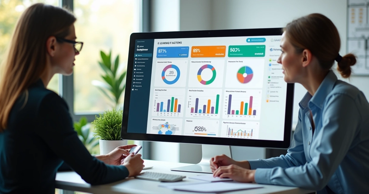 Tela de computador com dashboard de plataforma EAD mostrando relatórios de treinamento e gráficos de desempenho 