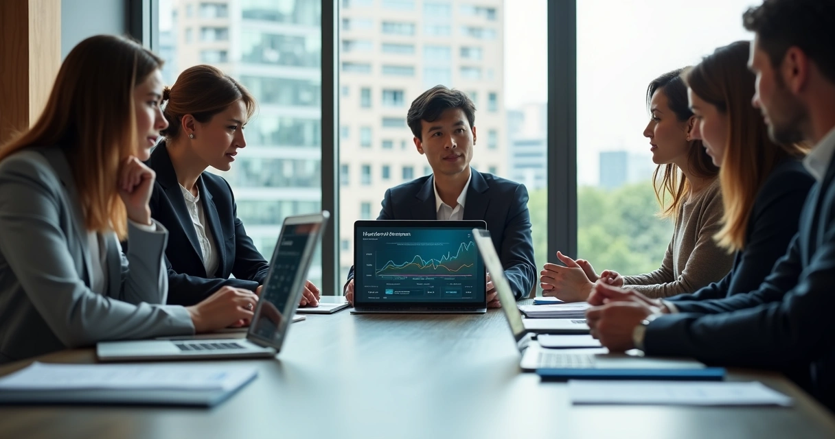 Equipe empresarial avaliando recursos de plataforma fiscal em notebook