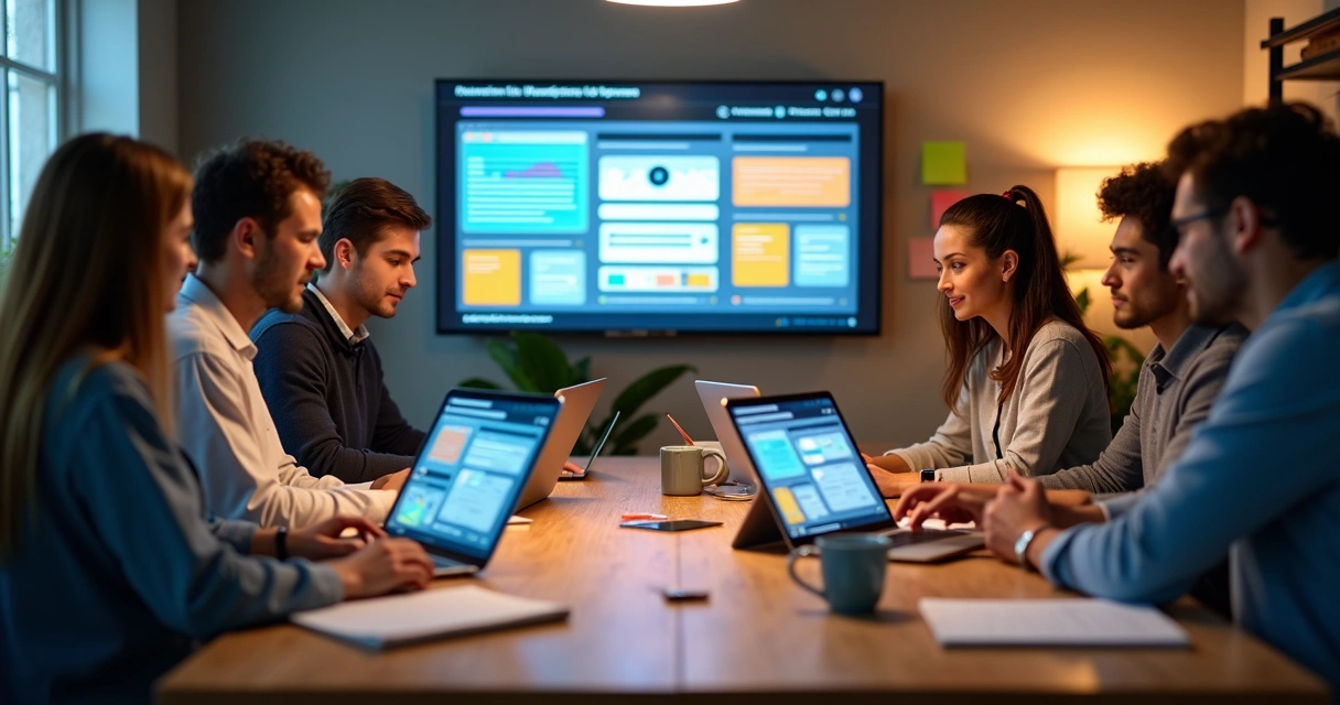 Equipe revendo projeto digital juntos na tela