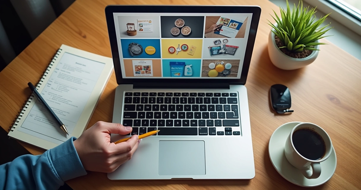 Tela de laptop exibe miniaturas de portfólios 