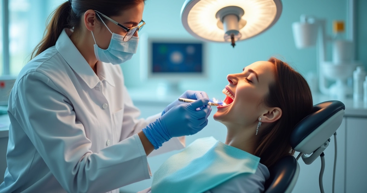 Dentista avaliando recuperação de implante em consultório moderno