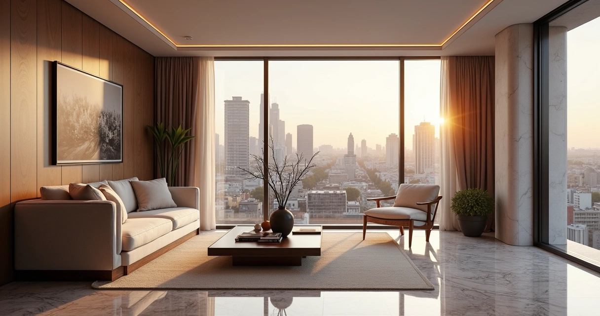 Sala de estar luxuosa com decoração sofisticada e vista panorâmica para a cidade de São Paulo 