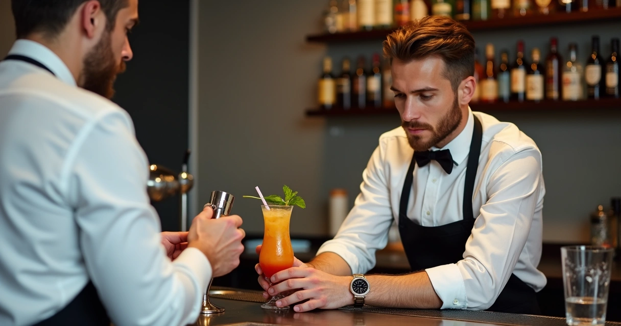 Instrutor avaliando bartender preparando drink em ambiente de escola 