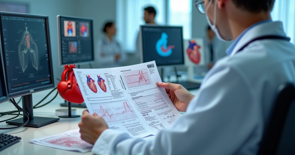 Cardiologista analisando exames pré-operatórios na clínica