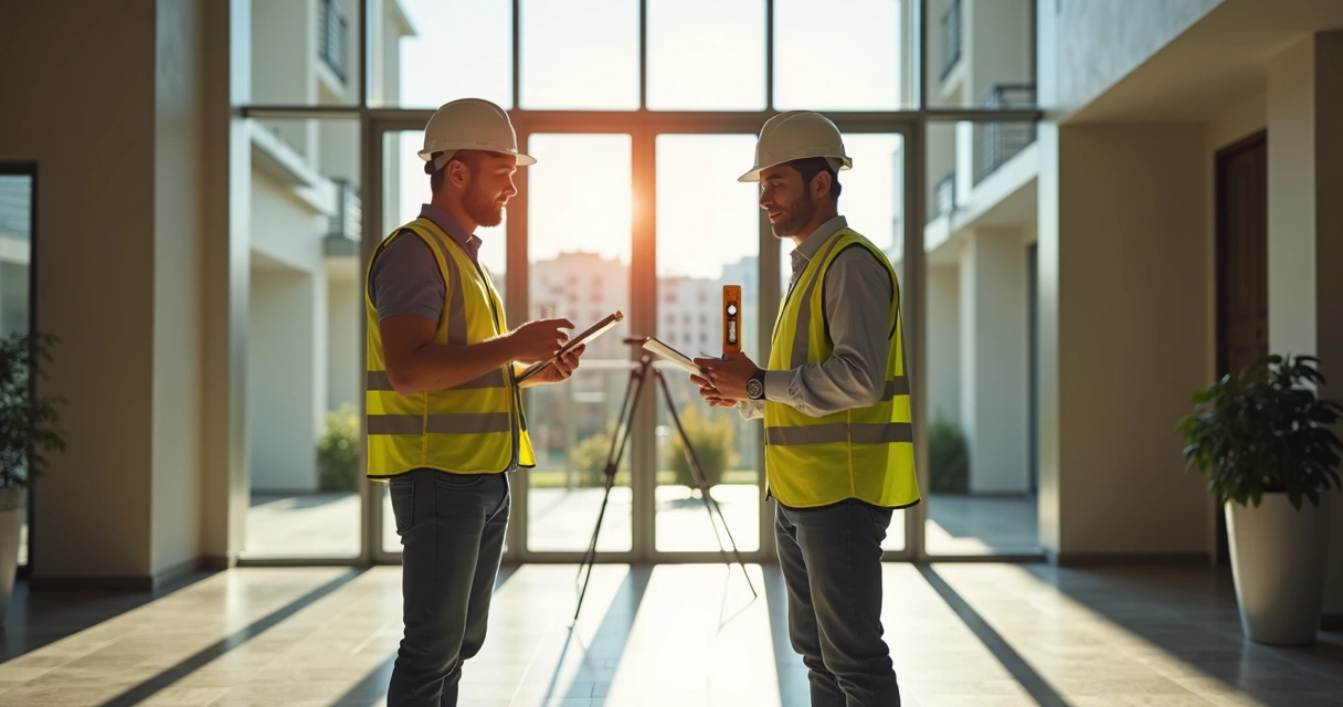 Vistoria de engenheiros em área comum de prédio residencial 