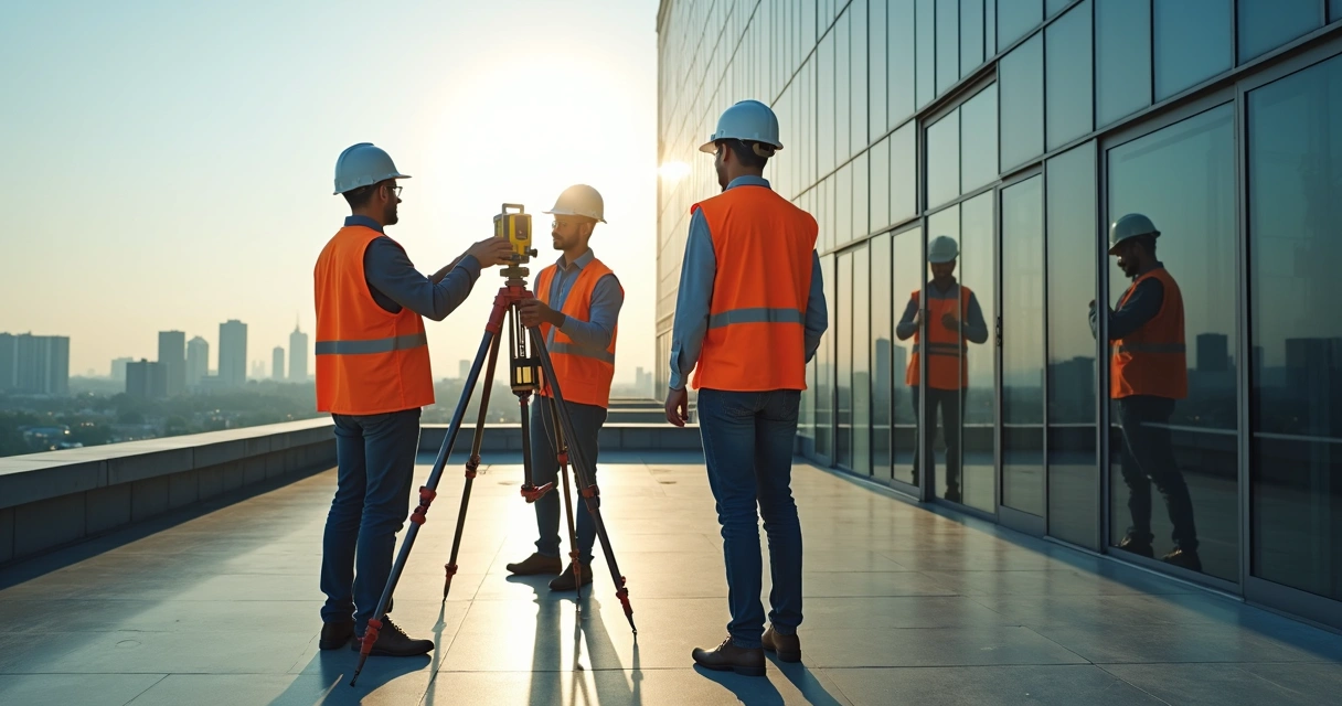 Equipe realizando inspeção predial com equipamentos de topografia 