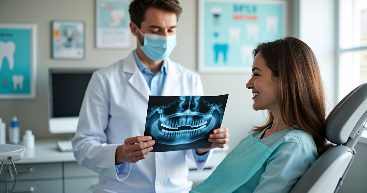 Dentista mostrando radiografia bucal para jovem sentada 