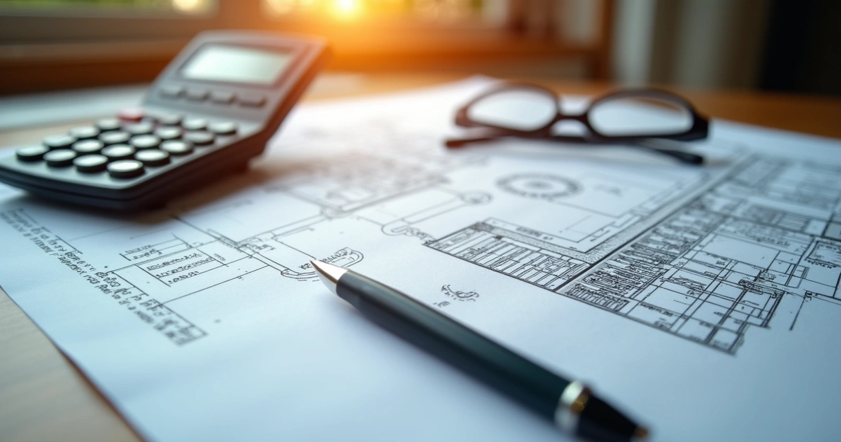 Mesa com documentos imobiliários e projeto arquitetônico 