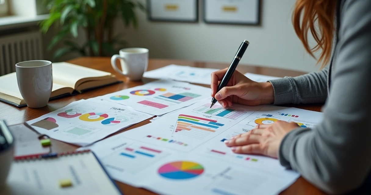 Profissional revendo anotações e gráficos em mesa de escritório, representando avaliação de processos. 