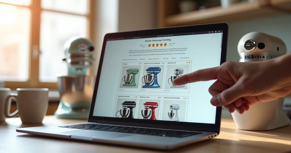 Mão apontando para avaliação de cinco estrelas em tela de notebook com fotos de batedeiras 