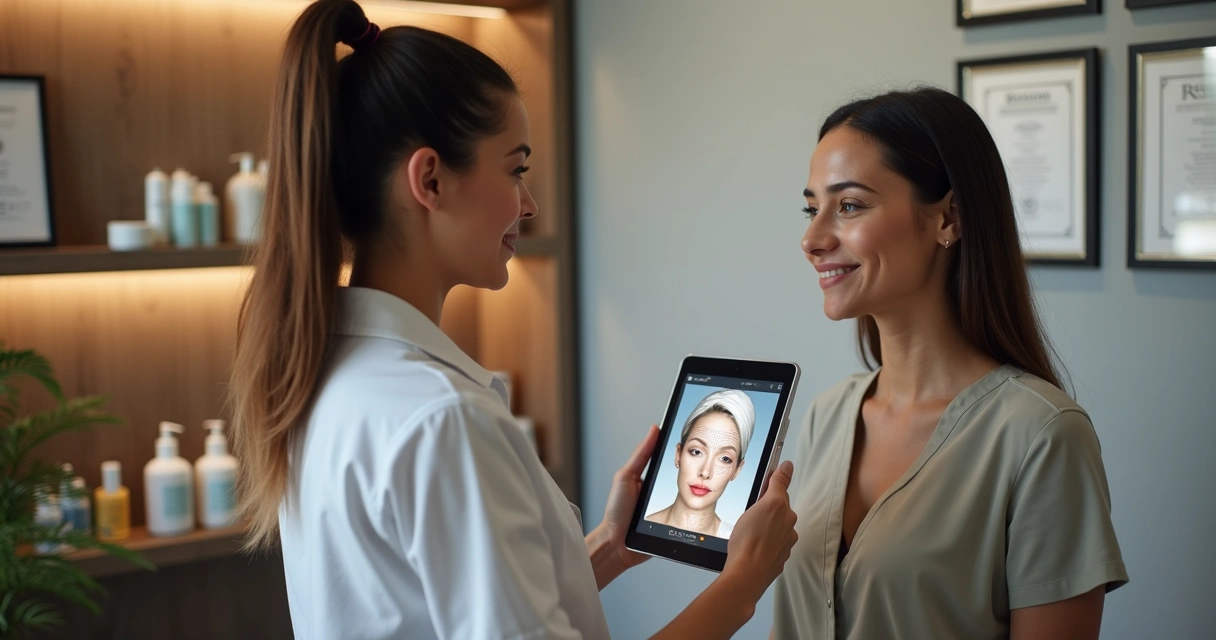 Profissional de estética avaliando paciente em sala de atendimento, ambos atentos 