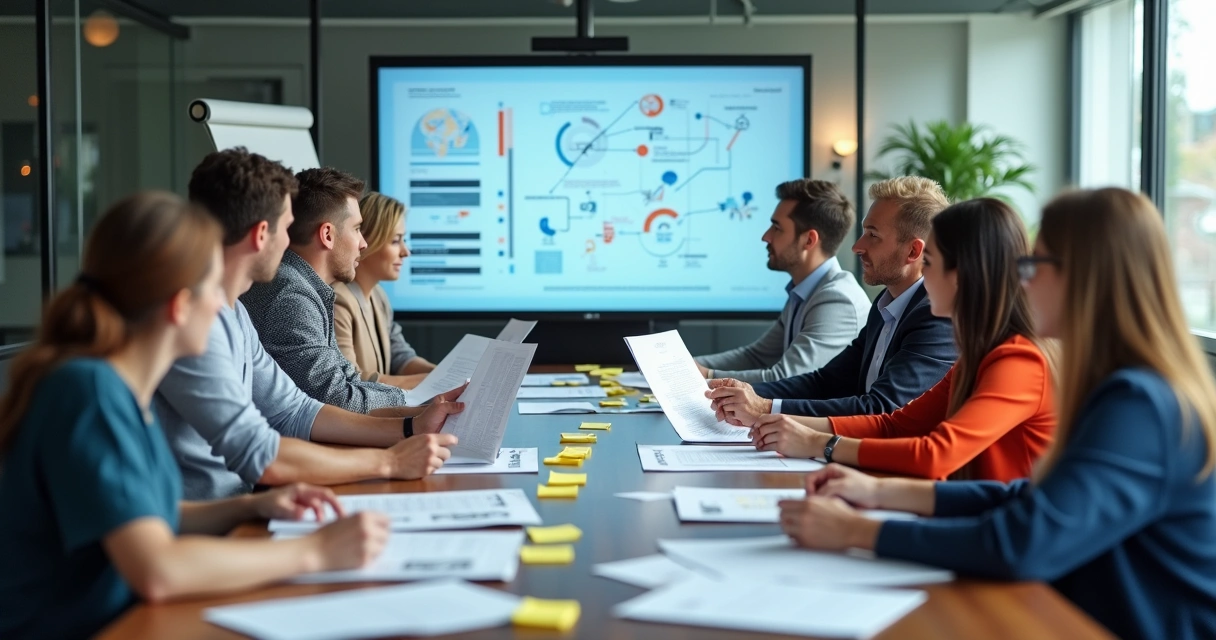 Equipe reunida analisando juntos avaliações de projeto 