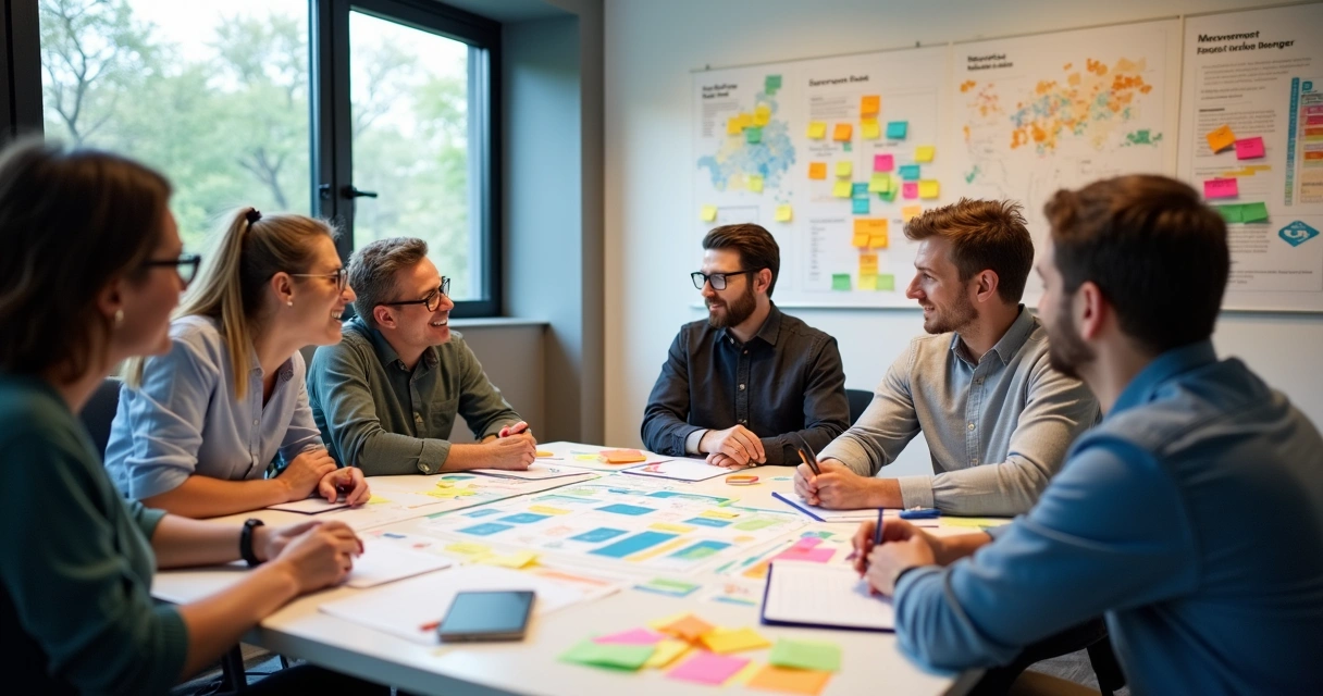 Grupo de pessoas discutindo resultados de um projeto social com gráficos e cadernos 