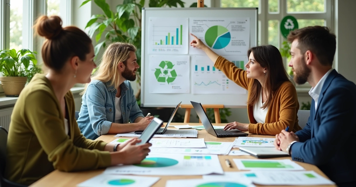 Reunião de avaliação de projeto sustentável com planilhas e gráficos 