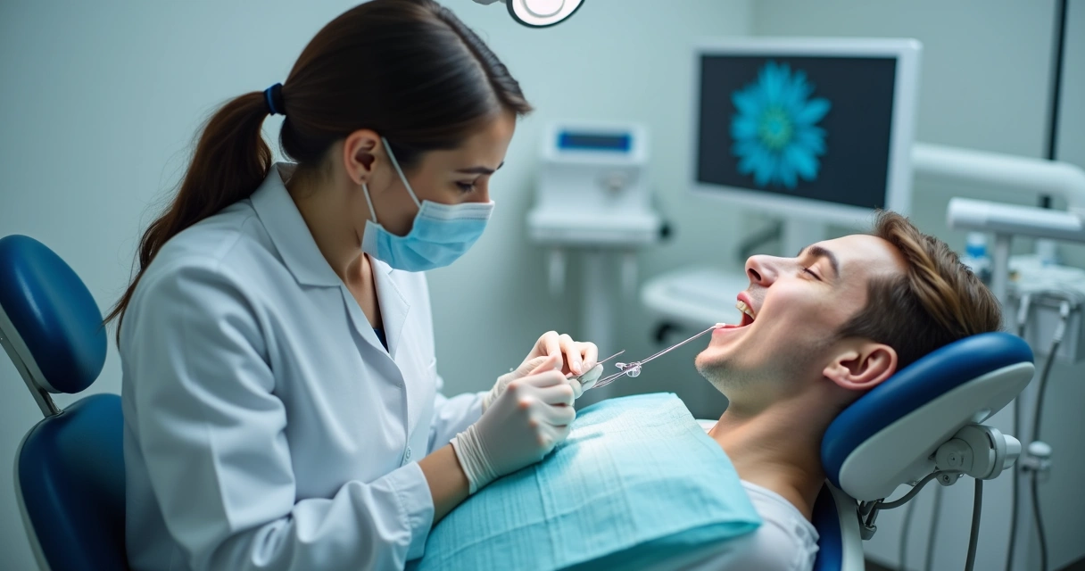 Dentista avaliando os dentes de um paciente na clínica 