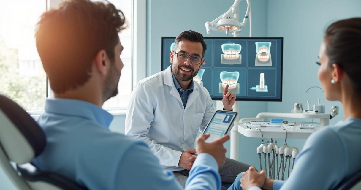 Dentista mostrando planejamento de implante ao paciente