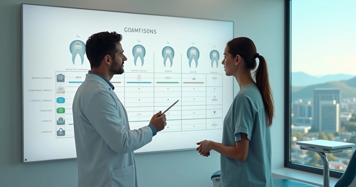 Profissional explica opções de prótese protocolo usando quadro comparativo em consultório moderno 