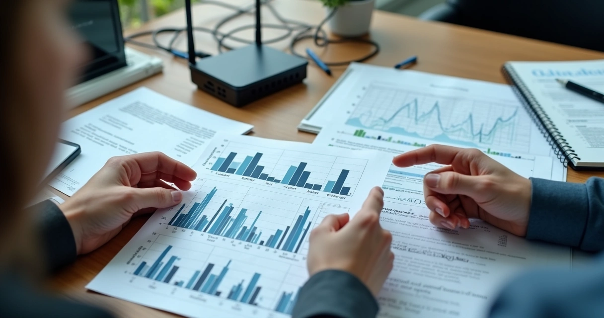 Mesa com documentos, notebook e gráficos de avaliação de provedores 