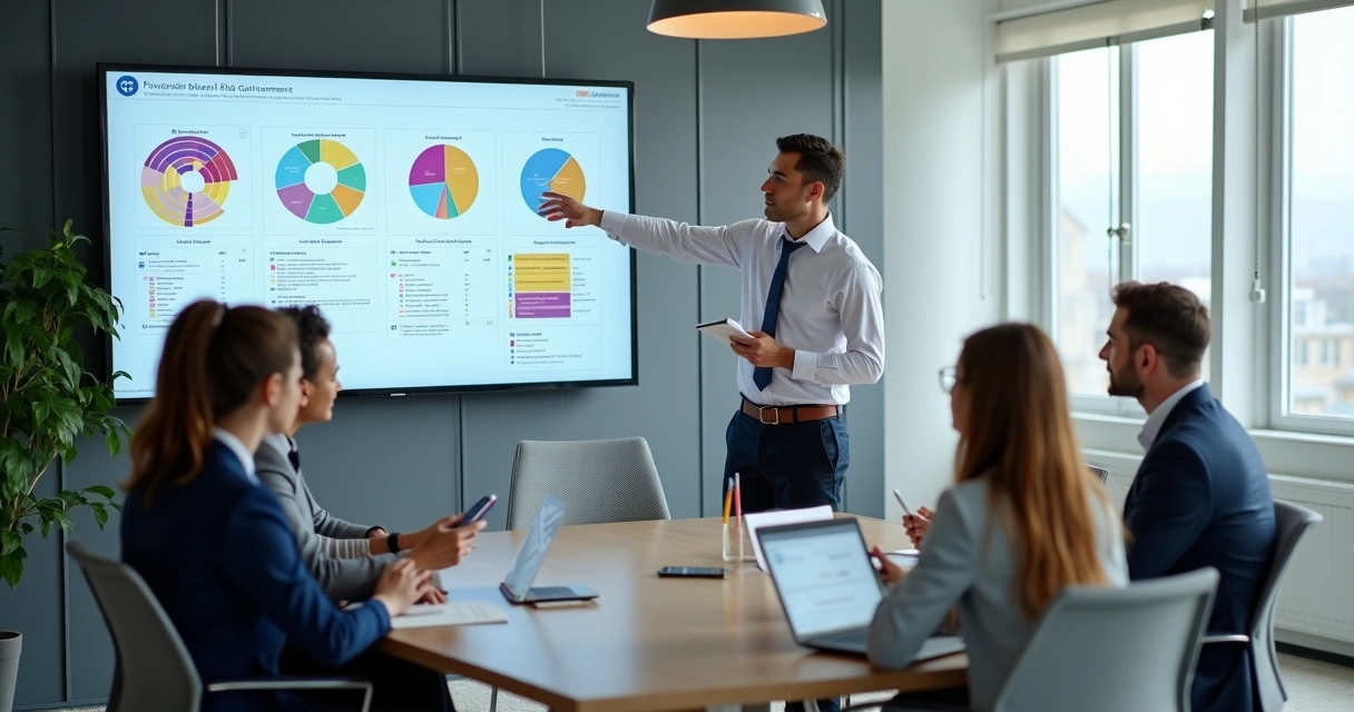 Equipe reunida em ambiente corporativo com consultor mostrando gráficos de avaliação psicossocial na tela. 