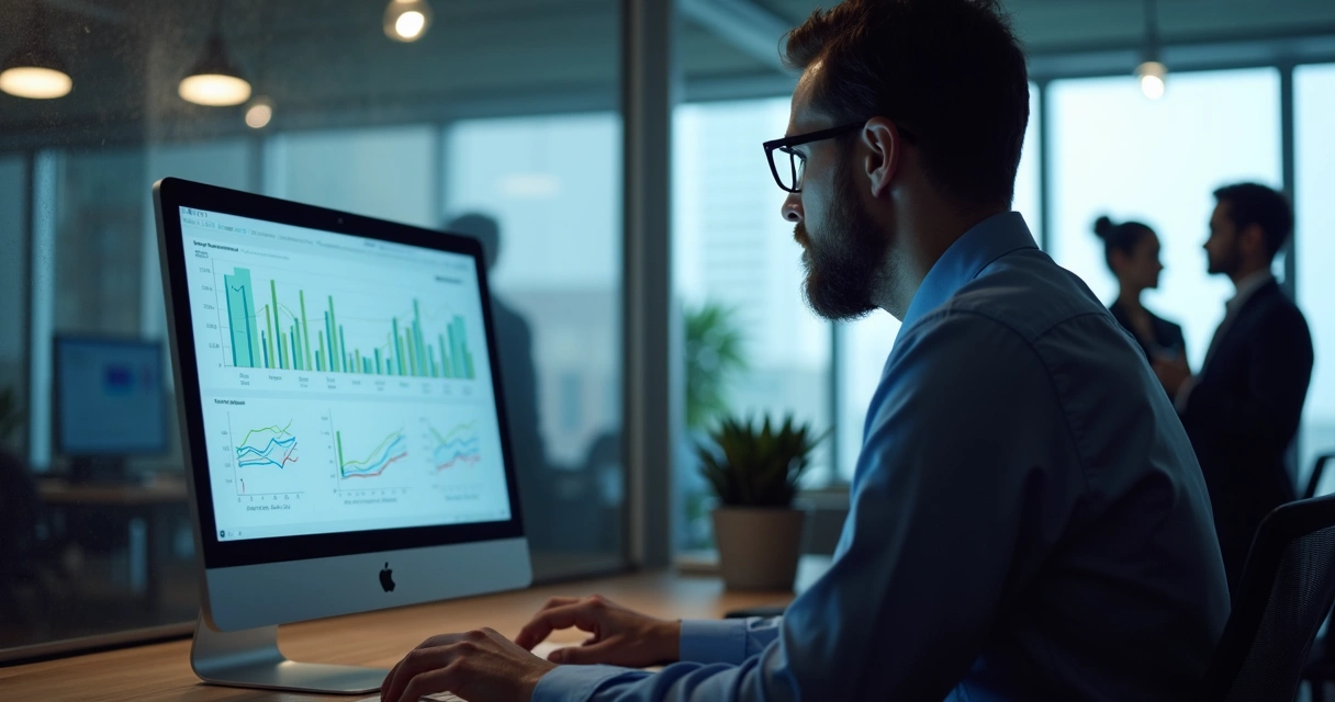 Profissional de RH analisando gráficos psicossociais no computador em ambiente corporativo. 