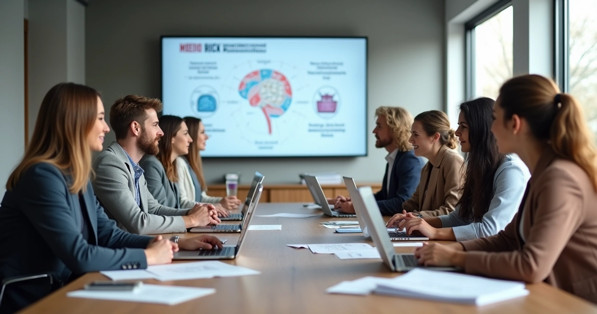 Equipe de escritório reunida em reunião discutindo saúde mental e riscos psicossociais. 