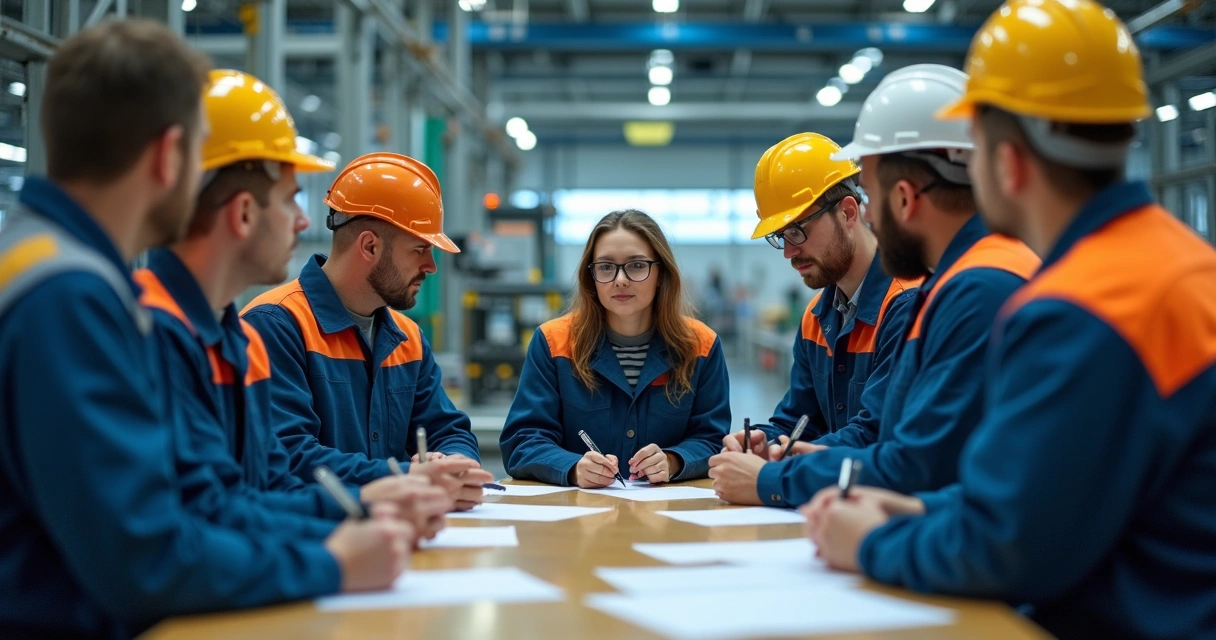Equipe reunida no setor de produção de uma fábrica. 