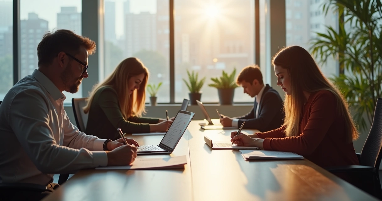 Avaliação psicossocial no local de trabalho, funcionários respondendo questionário 