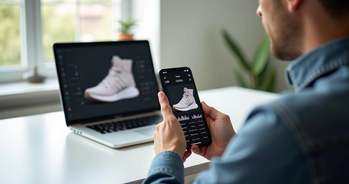 Pessoa avaliando qualidade técnica de foto de produto no celular com gráficos na tela 