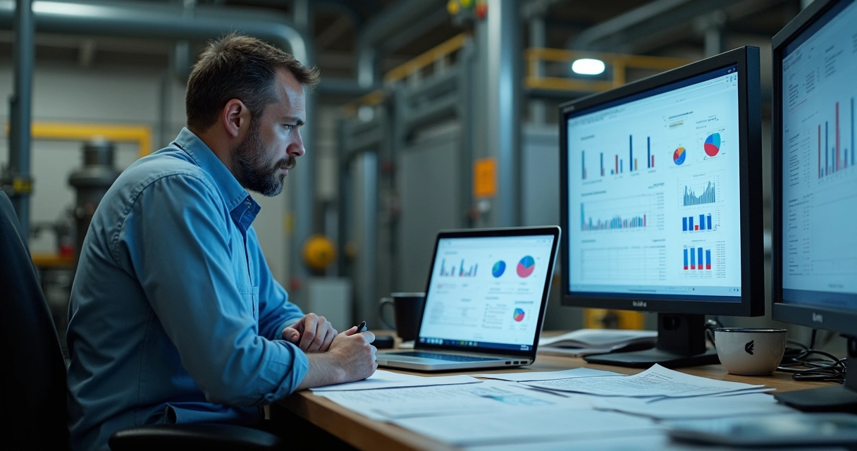 Profissional usando planilhas e gráficos para análise de riscos industriais