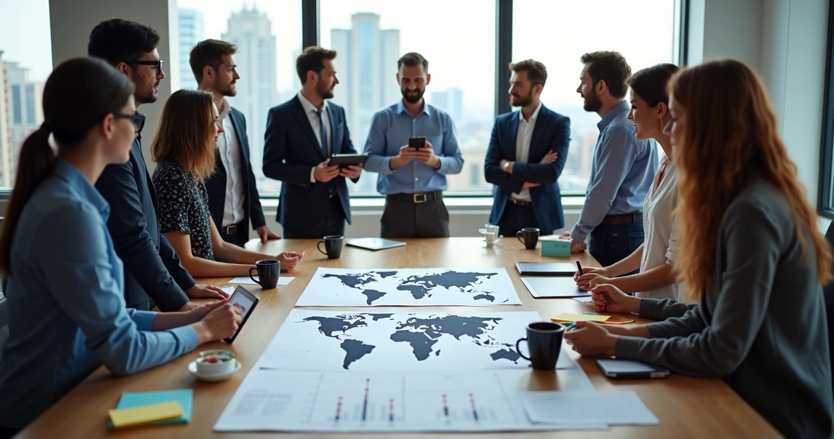 Pessoas analisando gráficos sobre relações globais 