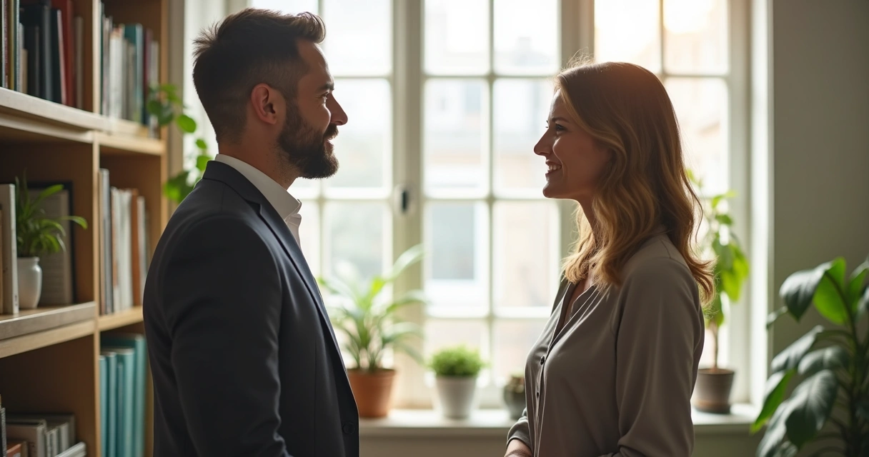 Dois colegas conversando de maneira aberta e respeitosa, demonstrando confiança. 