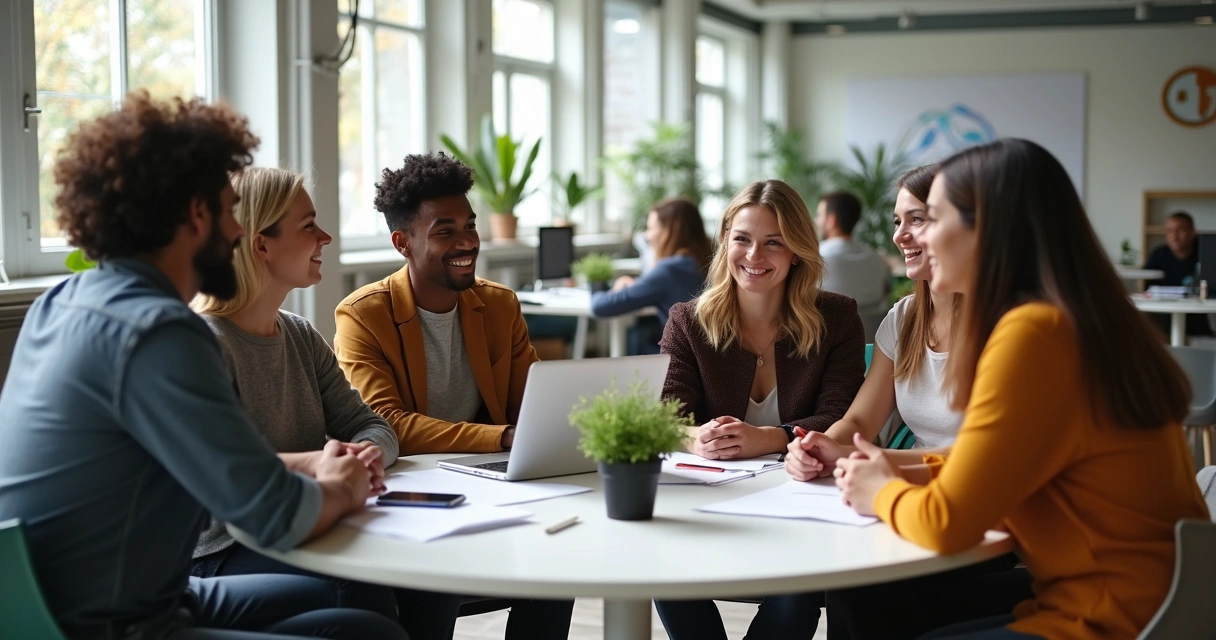 Pessoas reunidas em círculo, interagindo e sorrindo em ambiente aberto de trabalho. 