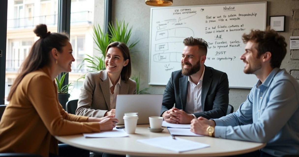 Equipe avaliando relações no trabalho ao redor de mesa redonda. 