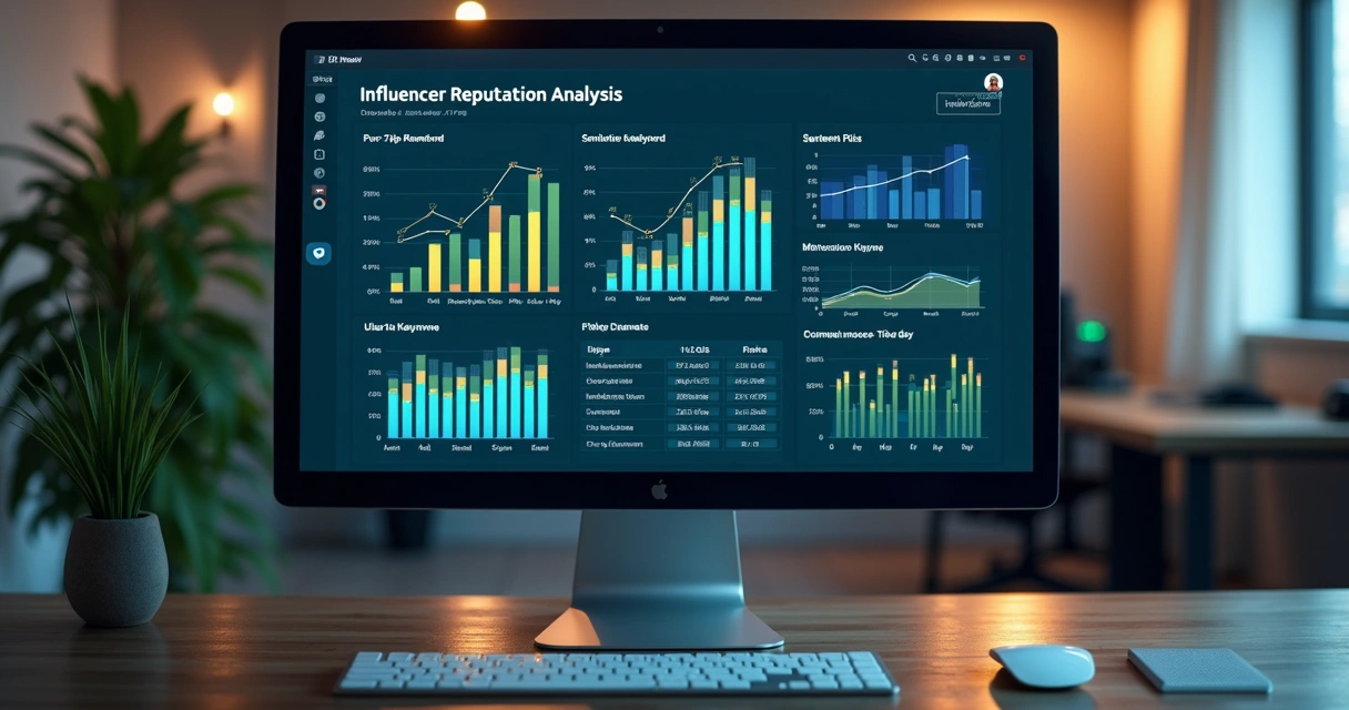 Tela de computador exibindo dashboard de análise de reputação de influenciador com gráficos, indicadores de risco e avaliação de sentimento 