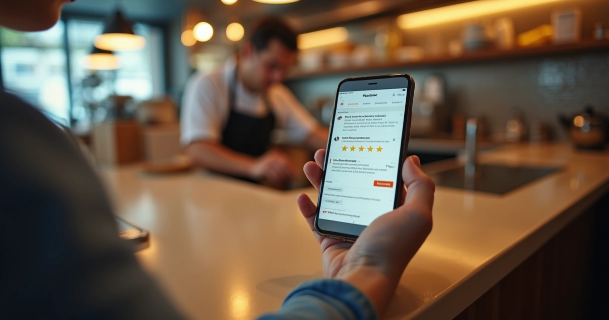 Pessoa analisando avaliações de restaurante no smartphone 
