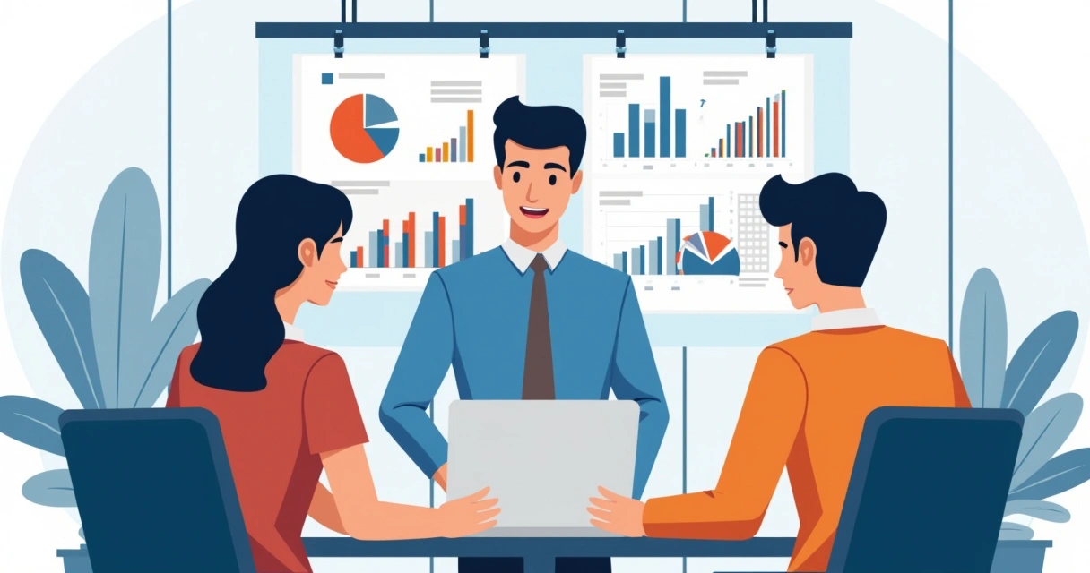 Gestor comparando resultados de vendas em relatórios gráficos, analisando tela de sistema CRM junto ao time 