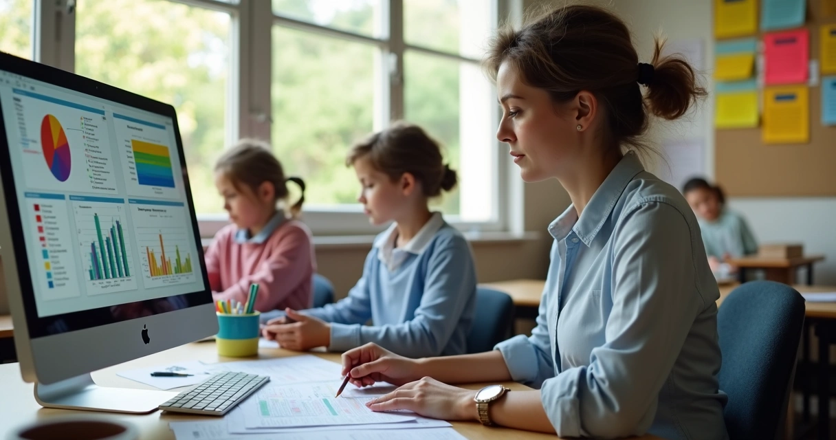 Diretora escolar analisando gráficos de desempenho de alunos bilíngues 
