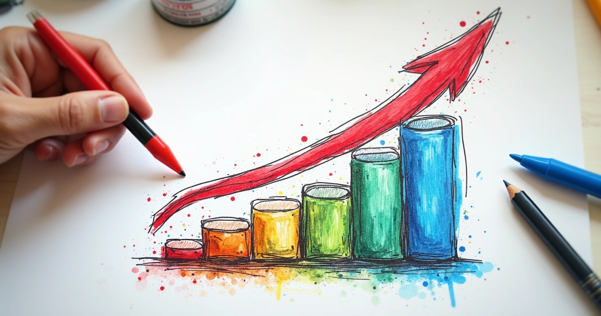 Gráfico simples mostrando aumento de vendas e satisfação da equipe