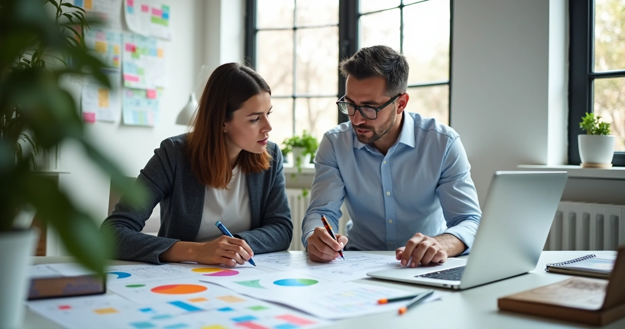 Coach e coachee analisando juntos gráficos e anotações em uma mesa 