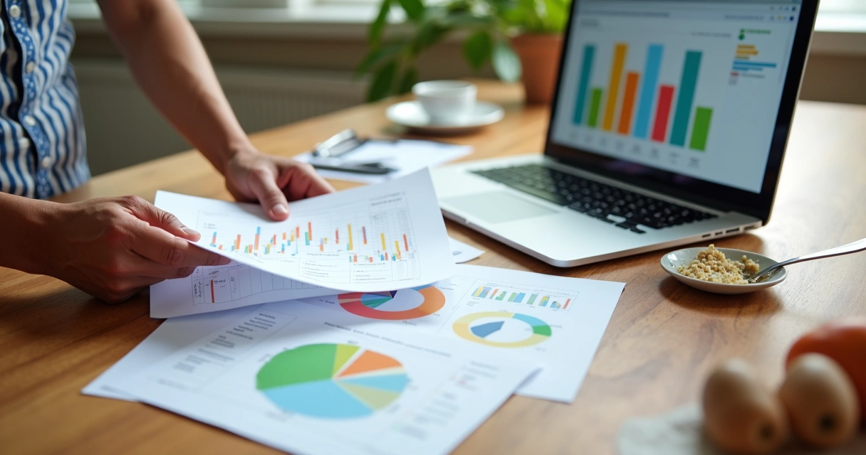 Duas mãos analisando gráficos e planilhas em uma cozinha
