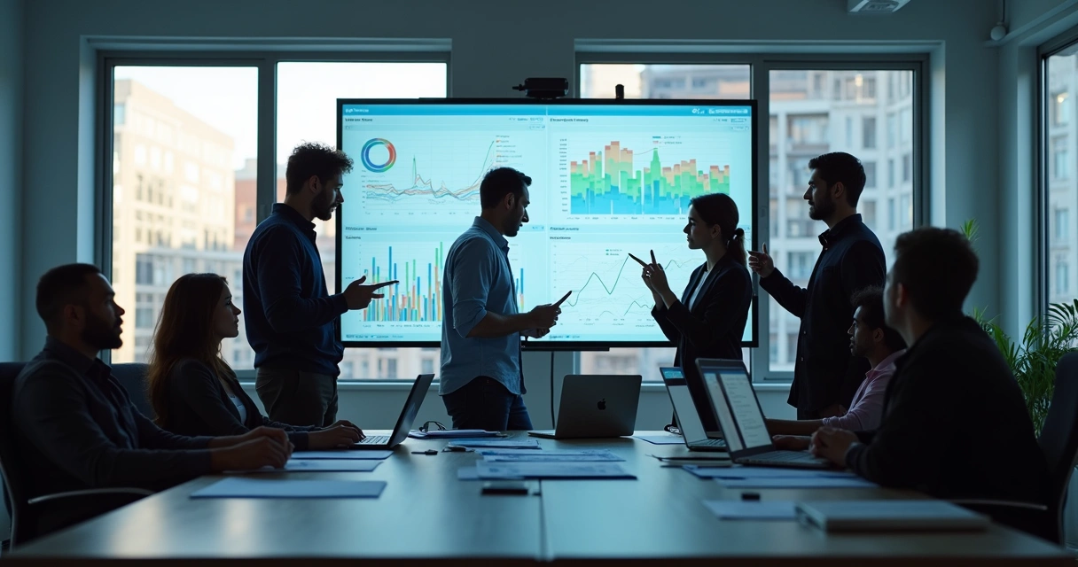 Equipe reunida analisando indicadores de desempenho de IA 