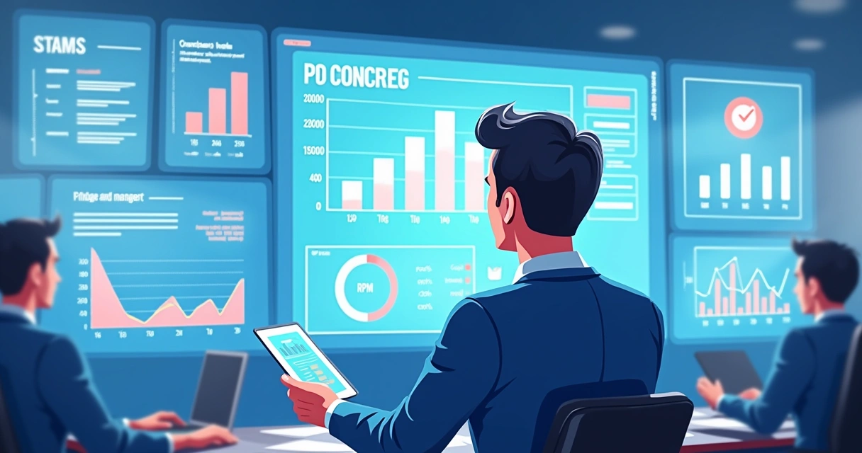 Gestor analisando resultados de vendas em telas e gráficos digitais