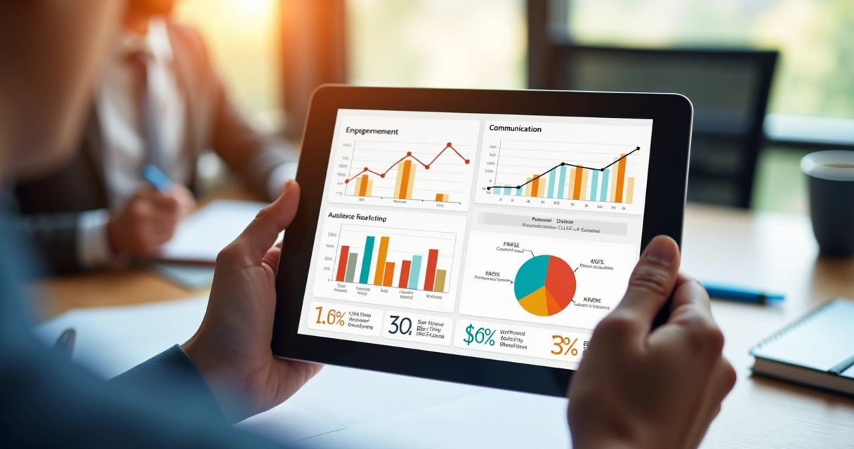 Pessoa mostrando relatório de comunicação em tablet com gráficos de desempenho 
