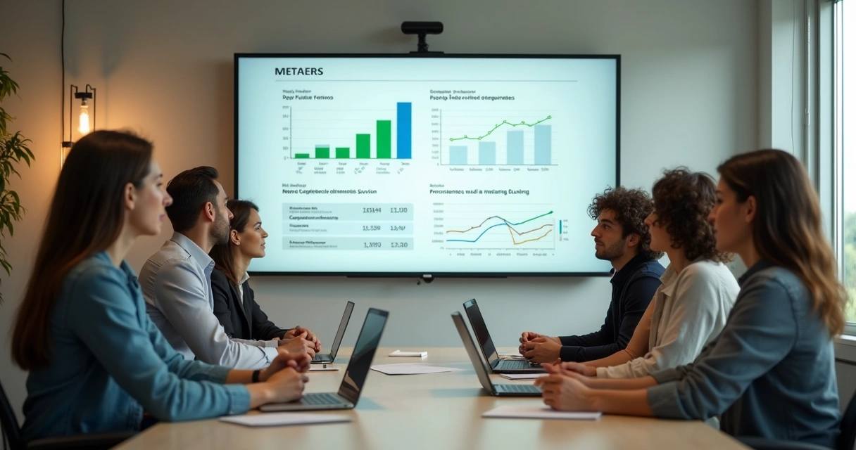 Equipe revisando resultados da reunião em painel com indicadores