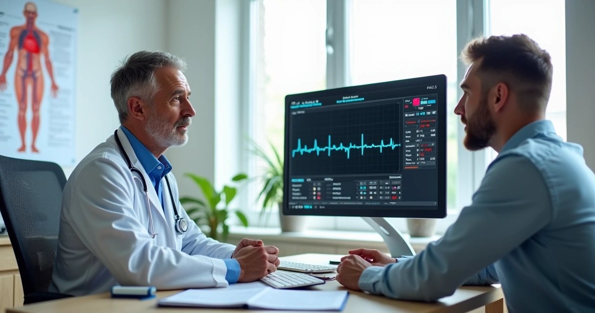 Cardiologista avaliando risco cirúrgico com paciente em consultório antes da cirurgia 