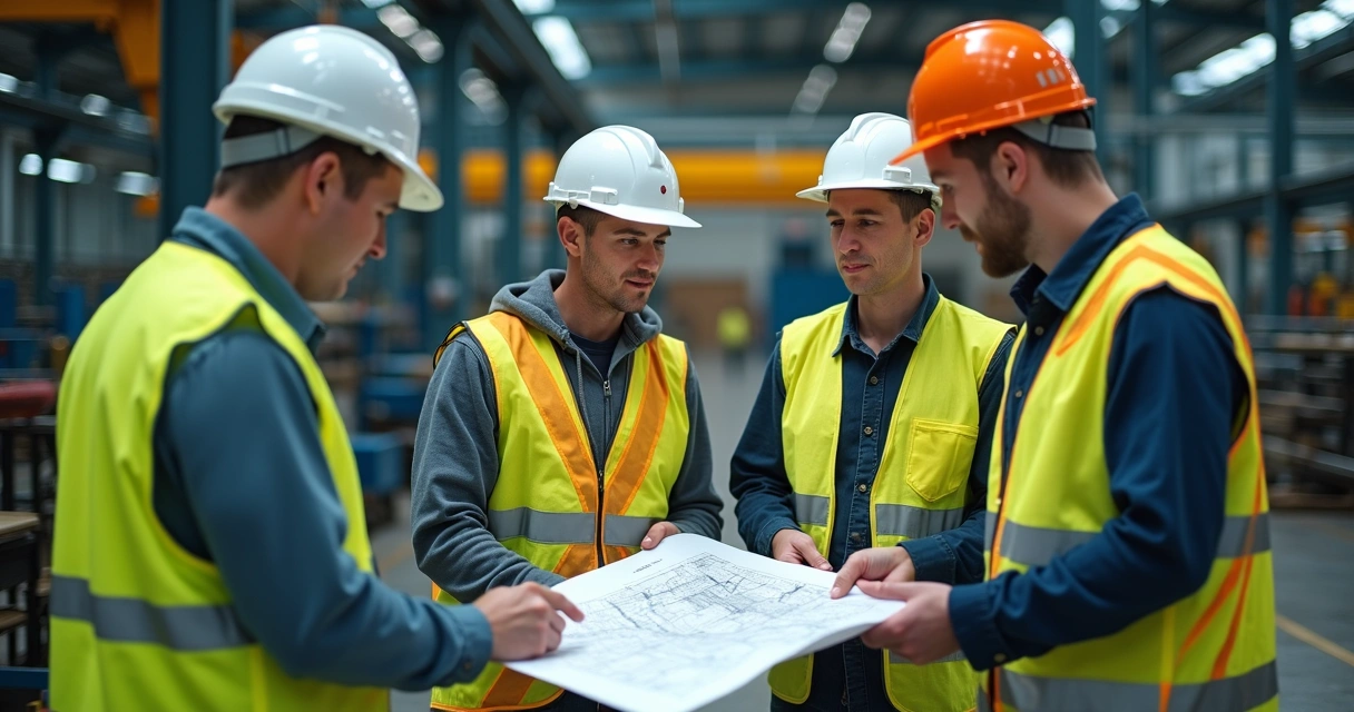 Equipe de segurança analisando riscos em indústria 