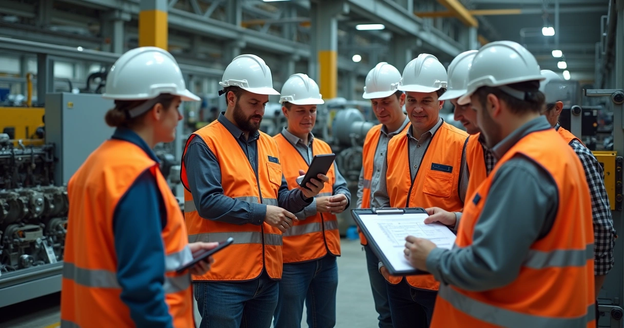 Equipe técnica analisando máquina industrial com equipamentos de segurança 