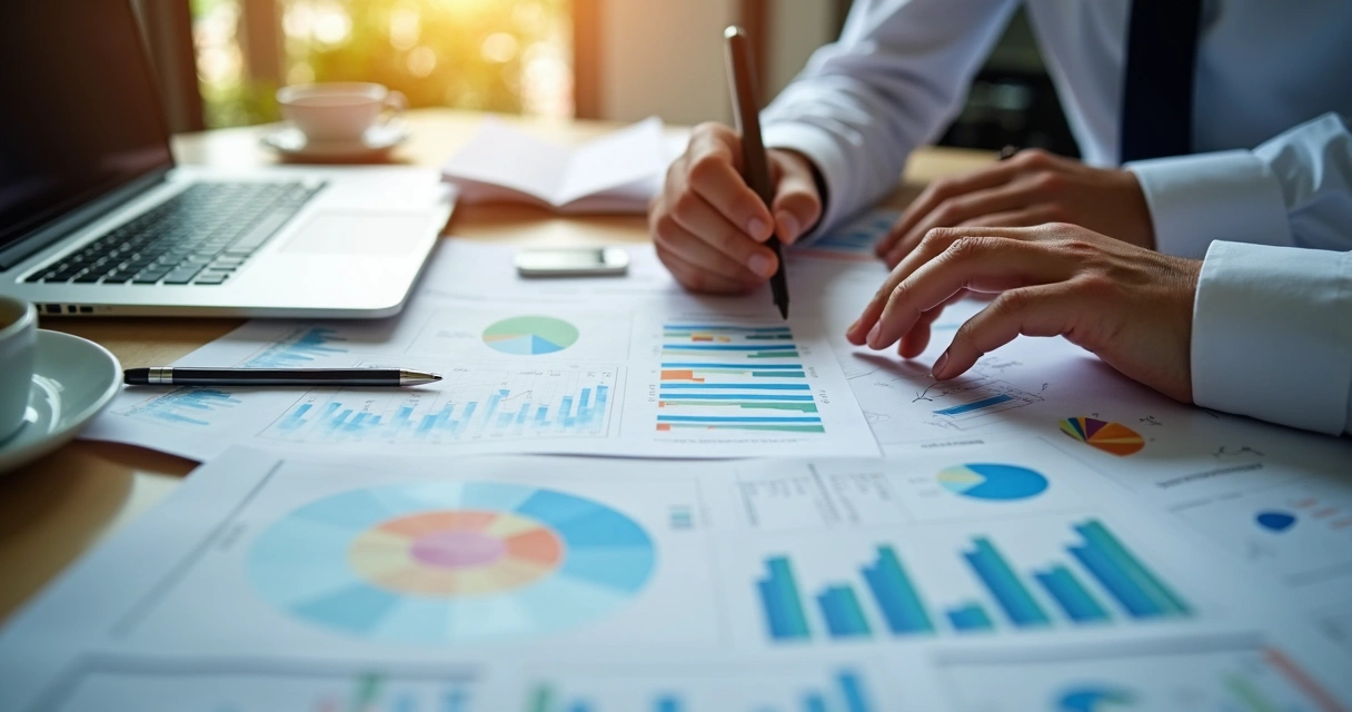 Profissional analisando gráficos com dados psicossociais em laptop 